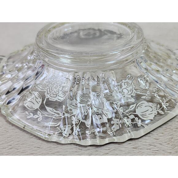 Candy Dish Clear Glass w/ handles 7 3/4" Black Floral Design Black Trim 60s Vtg - Picture 8 of 11